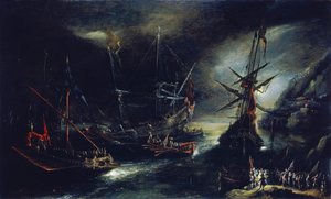 Zaokrętowanie hiszpańskich wojsk, holenderska interpretacja hiszpańskiej ekspedycji, przedstawiona na wyimaginowanym wybrzeżu Morza Śródziemnego autorstwa Andries van Eertvelt