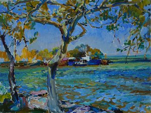 Łodzie „Sunny Riverbank” autorstwa Andrii Kutsachenko