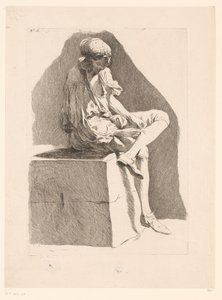 Karykatura chłopca szyjącego pończochę Karykatury wg J. Saly (tytuł serii) Recueil de caricatures dessinées Par J. Saly et Gravées par A.L. DeLalive DJ (tytuł serii) autorstwa Ange Laurent de, marquis de Rémoville Lalive