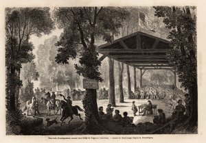Szkoła wzajemnej edukacji, w lesie Wirginii (Stany Zjednoczone), rysowana przez Janet Lange, ilustrująca wizytę w jaskini Mammoth w stanie Kentucky w 1859 roku przez M. Pousselgue