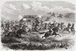 Indianie atakujący transkontynentalny dyliżans w 1867 r., ilustracja z „Świata w rękach”, rytowana przez Charlesa Laplante (zm. 1903), opublikowana w 1878 r.