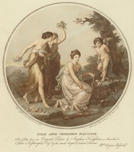 Dwie nimfy udają amorka przywiązanego do drzewa (kolor lito) autorstwa Angelica (after) Kauffmann