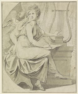 Amor inspiruje młodą kobietę, która jedną ręką brzdąka na lirze, a drugą pisze autorstwa Angelica Kauffmann