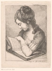 Młoda kobieta czytająca przy stole, opierając łokieć na książce autorstwa Angelica Kauffmann
