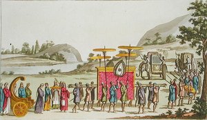 Procesja królowej Birmy, płyta 80 z „Le Costume Ancien et Moderne” Julesa Ferrario, wydana ok. 1820-30 (kolor lito)