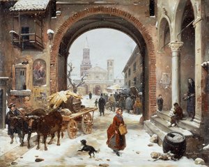 Talvimarkkinat Clairvaux Polish -luostarin edessä autorstwa Angelo Inganni