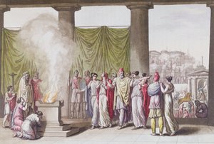 Rodzina Priama po odejściu Hektora, z „Le Costume Ancien ou Moderne” Julesa Ferrario, sztych. A. Biasioli, Mediolan ok. 1820 r. (rycina kolorowa)