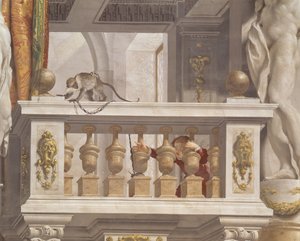 Recepcja Wielkiego Księcia, detal sufitu przedstawiający małpę i chłopca na balustradzie, 1638-44 autorstwa Angelo and Mitelli Colonna
