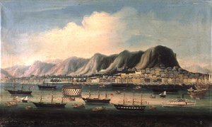 Widok na Hongkong, z więziennym Hulk i Paddlesteamer w porcie (olej na płótnie)