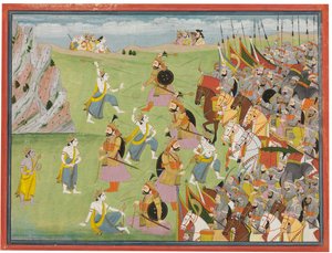 Obraz z Mahabharaty: Balabhadra walczący z Jarasandhą, Kangrą lub Garhwalem, ok. 1810-20