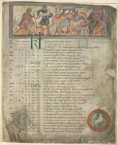 Cotton Tiberius B. V, część 1, f.5 Strona kalendarza na maj. Doglądanie owiec. Dwóch pasterzy ze swoją trzodą, jeden trzymający oszusta i trzy siedzące postacie. U stóp Baran w rondzie autorstwa Anglo Saxon