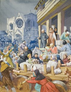 Opat Suger (ok. 1081-1151) i budynek opactwa St Denis (gwasz na papierze) autorstwa Angus McBride