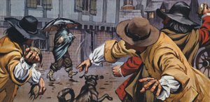 Wściekli woźnice rzucają ziemią w mężczyzn z parasolami (kolorowa litografia) autorstwa Angus McBride