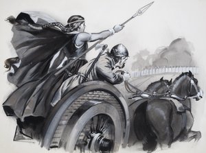 Boadicea podsycająca wściekłość Brytyjczyków przeciwko ich rzymskim władcom (gwasz na papierze) autorstwa Angus McBride