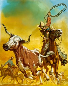 Kowboj łapiący bydło na lasso (gwasz na papierze) autorstwa Angus McBride
