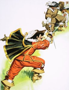 Cyrano de Bergerac w walce na miecze autorstwa Angus McBride