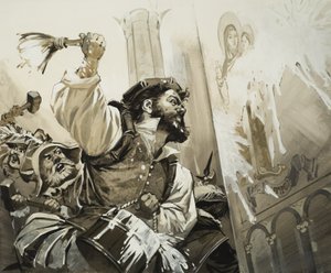 Fanatycy szturmujący kościoły Bazylei w protestanckiej Szwajcarii (gwasz na papierze) autorstwa Angus McBride