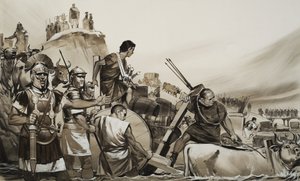 Juliusz Cezar (100-44 p.n.e.) poprowadził swoich żołnierzy przez małą rzekę Rubikon i pomaszerował na Rzym (gwasz na papierze) autorstwa Angus McBride