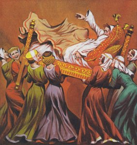 Król Edward I był podnoszony w łożu przez damy dworu (kolorowa litografia)