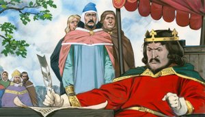 Król Jan niechętnie podpisuje Magna Carta autorstwa Angus McBride
