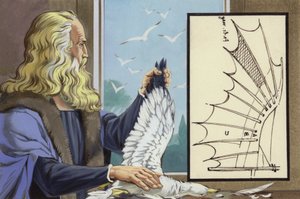 Leonardo Da Vinci badający ptaki w celu odkrycia, jak człowiek może latać (gwasz na papierze) autorstwa Angus McBride
