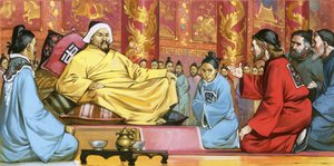 Marco Polo na dworze Kubilaj-chana, XX wiek (gwasz na papierze) autorstwa Angus McBride