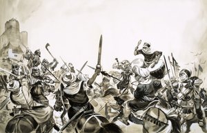 Maurowie atakujący siły hiszpańskie w 711 r. autorstwa Angus McBride