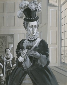 Królowa Elżbieta I na wieść o egzekucji Marii Królowej Szkotów (gwasz na papierze) autorstwa Angus McBride