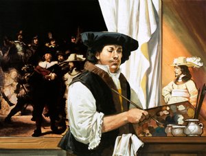 Rembrandt malujący swój słynny portret Gwardzistów Obywatelskich autorstwa Angus McBride