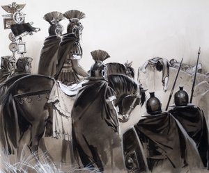 Rzymscy żołnierze po bitwie (gwasz na papierze) autorstwa Angus McBride