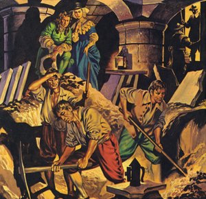 Samuel Pepys szukający skarbu pieniędzy rzekomo ukrytego w Tower of London (kolorowa litografia) autorstwa Angus McBride