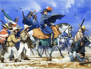 Santa Anna poprowadził swoją źle wyposażoną, źle ubraną armię w morderczym marszu przez zamarznięte równiny Coahuila autorstwa Angus McBride