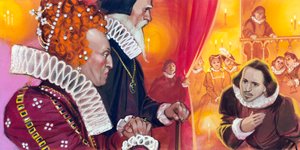 Szekspir przedstawiony królowej Elżbiecie I autorstwa Angus McBride