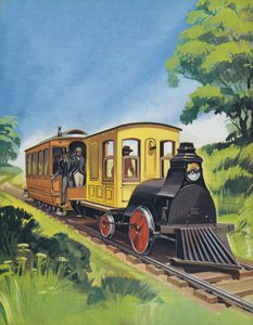 Pociąg elektryczny Thomasa Edisonsa, zbudowany w 1882 roku (kolorowa litografia) autorstwa Angus McBride