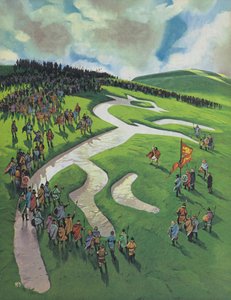 Uffington White Horse, zbudowany przez Alfreda Wielkiego po bitwie pod Ashdown przeciwko Duńczykom (kolorowa litografia) autorstwa Angus McBride