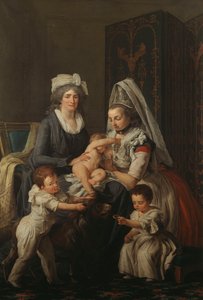 Portret Damy we wnętrzu z pielęgniarką i trójką dzieci,