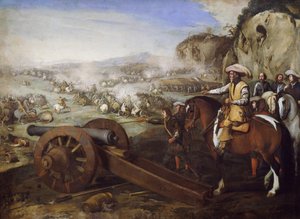 Kapitan na koniu rozkazujący strzelać z armaty podczas bitwy, obraz Aniello Falcone (1607-1656), olej na płótnie, 94x131 cm