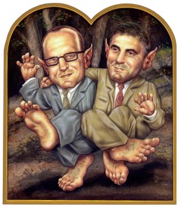 Clooney i Soderburgh, 2002 (akryl na płycie ilustracyjnej) autorstwa Anita Kunz