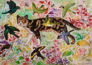 Tabby i ptaki, 2019 (akryl) autorstwa Anna Pugh