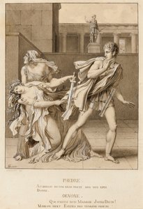 Fedra, po ogłoszeniu swojej męki, usiłuje zabić się mieczem Hipolita autorstwa Anne-Louis Girodet de Roucy-Trioson