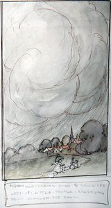 Aquarillo spojrzał w dół i zobaczył mnóstwo małych ludzi, którzy szlajają się po ziemi" (akwarela i tusz na papierze) autorstwa Anne Anderson