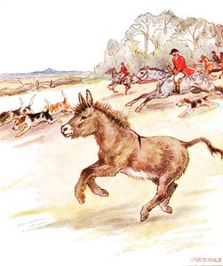 Dziś przeżyłem chwile swojego życia. Mężczyźni w czerwonych płaszczach na koniach i mnóstwo psów galopowało przez moje pole", ilustracja z "The Naughty Neddy Book", wydanej przez Thomas Nelson und Sons, lata 20. autorstwa Anne Anderson