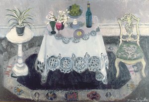 Szaro-białe wnętrze (olej na płótnie) autorstwa Anne Redpath