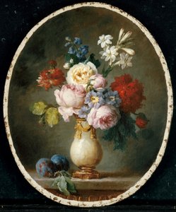 Wazon z kwiatami i dwiema śliwkami na marmurowym blacie, 1781