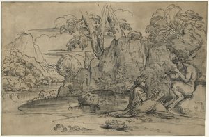 Pejzaż z satyrem grającym na flecie, kobietą i putto autorstwa Annibale Carracci (attributed to)