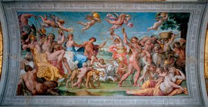 Bachus (Dionizos, Bacco) wraca na swoim czołgu z Indii i spotyka Ariane porzuconą przez Thesee Fresco autorstwa Annibale Carracciego (Annibal Carrache) (1560-1609). 1597-1600 Rzym, Pałac Farnese