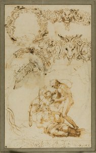 Pijany Silenus i szkice dekoracyjne: Studia dla Tazza Farnese (recto); Walka dwóch puttów: Studium dla Galleria Farnese (verso) autorstwa Annibale Carracci