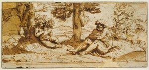 Flötenspielender Amor und Silenus in einer arkadischen Landschaft autorstwa Annibale Carracci