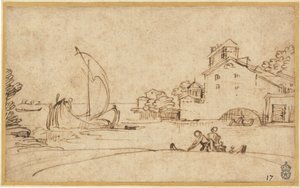 Krajobraz z postaciami przy ujściu rzeki z żaglówkami autorstwa Annibale Carracci