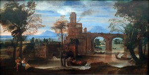 Rzymski krajobraz rzeki z fortem i mostem autorstwa Annibale Carracci